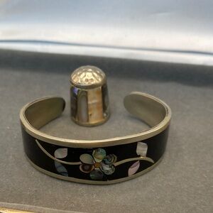Black Cuff Bracelet with Mother of Pearl Inlay Alpaca